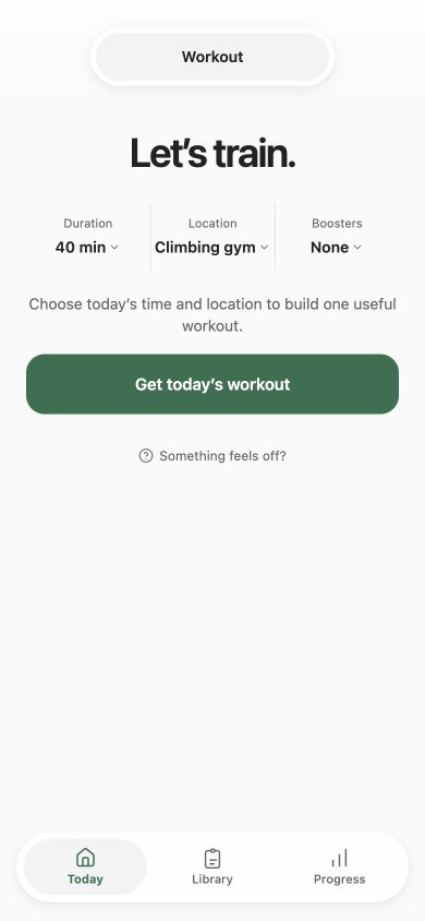 Beta home: choose a 40-minute workout, climbing gym location and optional boosters, then get today’s workout.