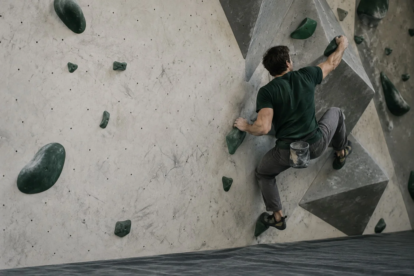A climber working a move between green holds on an indoor bouldering wall.